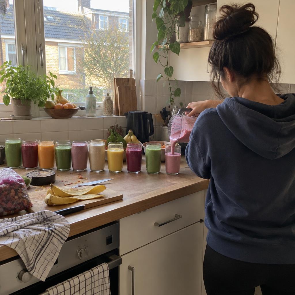 Floor in haar keuken, van achteren, met een rij verse smoothies op het aanrecht