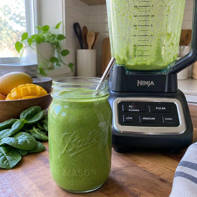 Zelfgemaakte groene spinazie-mango smoothie
